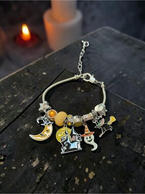Halloween Charm Bracelet for Women — Yellow Enamel Ghost & Moon Charms